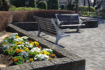 公園の花壇とベンチ