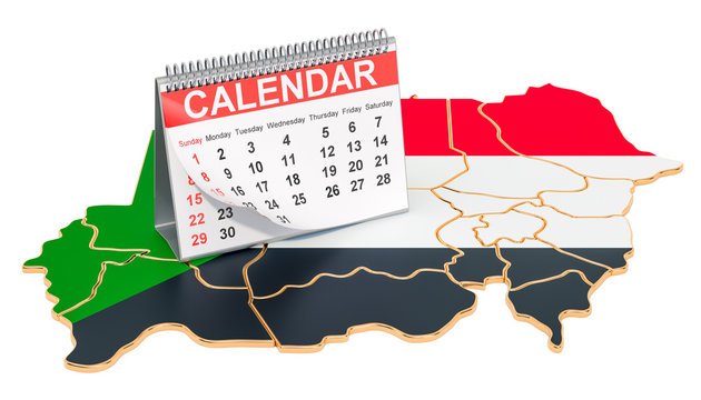 Desk calendar on the map of Sudan. 3D rendering