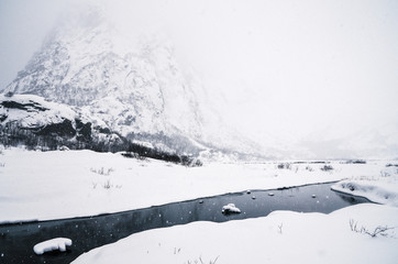 Mountains in Winter in Lofoten Archipelago in the Arctic Circle in Norway