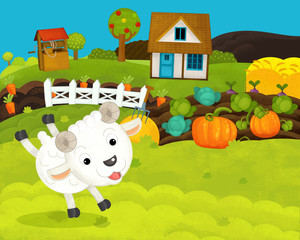cartoon happy and funny farm scene with happy sheep - illustration for children