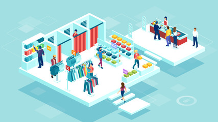 vector of people men and women shopping together at the shopping mall buying clothing