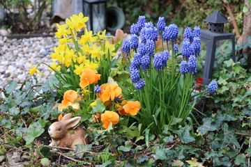 Am Friedhof, Kindergrab zu Ostern mit Frühlingsblumen und einem Osterhasen, Grabpflege,...