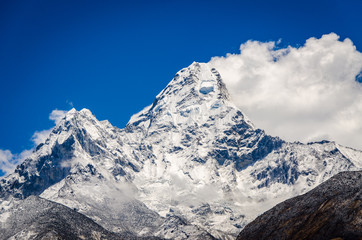 beautiful view of Ama Dablam from trek to Everset in Nepal. Himalayas. 