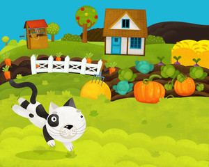 Obraz na płótnie Canvas cartoon happy and funny farm scene with happy cat - illustration for children