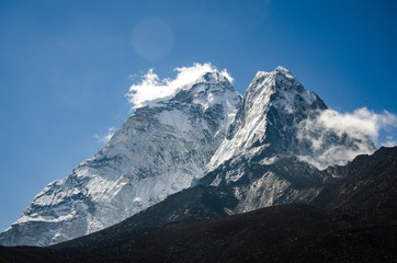 beautiful view of Ama Dablam from trek to Everset in Nepal. Himalayas. 