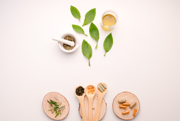 natural medicine herb with herbal product top view flat lay  decorative health care  white background