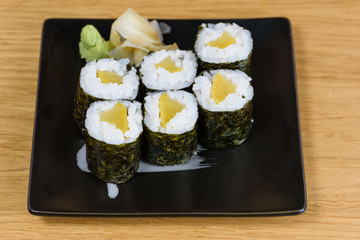 sinko maki, roll rice, nori seaweed and marinated turnip