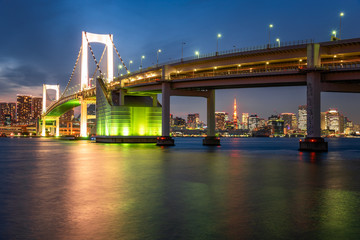 Fototapeta na wymiar View of Rainbow Bridge and Tokyo Skyline at Dusk