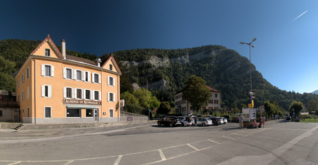 Naklejka premium Street scene in the Swiss village of Noiraigue, Romandie