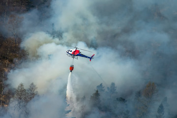 Helicopter extinguishing wildfire. Bergen, Norway.