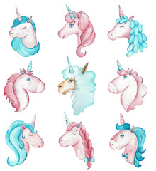 Hand-drawn watercolor illustration of nine vibrant pink and blue unicorns and alpaca isolated on white background.