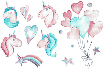Hand-drawn watercolor clipart of pink and blue unicorns in love, stars, ballons and heart.