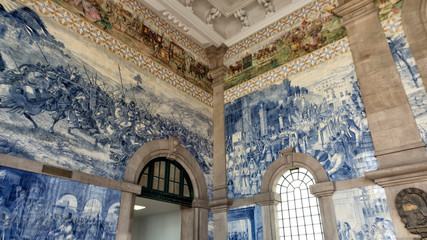 São Bento Station with blue and white decorated tiles at Porto - Portugal