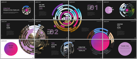 Minimal presentations design, portfolio vector templates with pink colorful circle elements on black background. Multipurpose template for presentation slide, flyer leaflet, brochure cover, report.