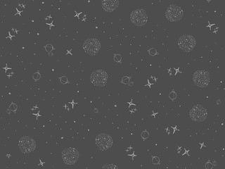 Cosmos, space, planets, stars seamless pattern. Space, univrse black and white dark sketch. Night sky, Galaxies cute baby doodle. Childish background. Hand drown design for kids Vector illustration