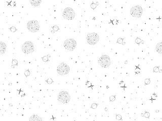 Cosmos, space, planets, stars seamless pattern. Space, univrse black and white sketch. Galaxies and stars cute doodle baby elements. Childish background. Hand drown design for kids Vector illustration