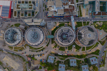 Beautiful drone shot of Viennas Gasometer buidlings from up above