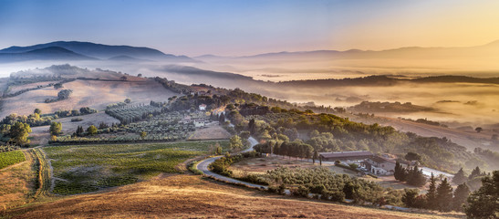 Morning Fog over Tuscan Country, Italy - obrazy, fototapety, plakaty