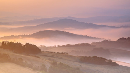 Tuscany foggy hills panorama view