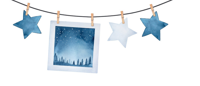 Decorative garland with starry night picture illustration and fancy stars on wooden clothes pins. Handdrawn watercolour graphic painting on white backdrop, cutout clip art element for creative design.