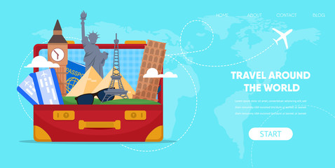 Suitcase Bag with Cartoon Famous Landmarks vector