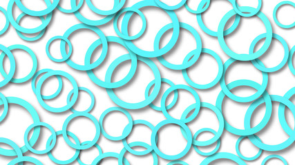Abstract illustration of randomly arranged light blue rings with soft shadows on white background