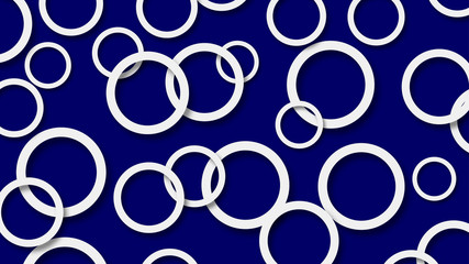 Abstract illustration of randomly arranged white rings with soft shadows on blue background