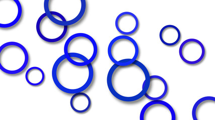 Abstract illustration of randomly arranged blue rings with soft shadows on white background