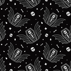 Skull coffin vampire seamless pattern black background