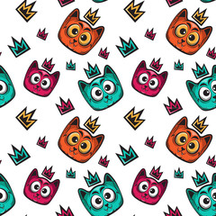 Cat faces with crown seamless pattern