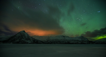 Northern Lights in Austvagoya in Winter on Lofoten Archipelago in the Arctic Circle in Norway
