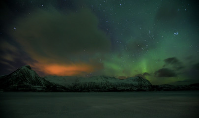 Naklejka na ściany i meble Northern Lights in Austvagoya in Winter on Lofoten Archipelago in the Arctic Circle in Norway
