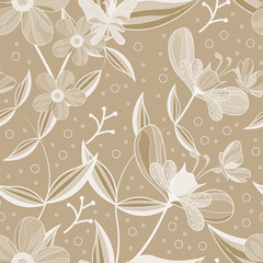 line art flowers and leaves floral seamless pattern with brown background - Vector