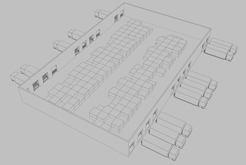Warehouse 3D illustration of logistics transport and delivery vehicles.