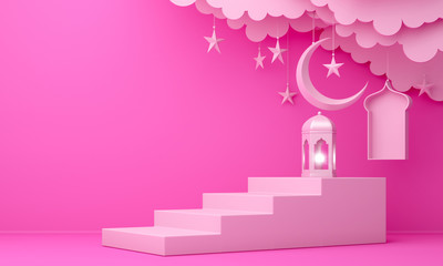 Arabic lantern, cloud, crescent moon star, steps and window on pink pastel background. Design creative concept for islamic celebration day ramadan kareem or eid al fitr adha. 3d render.