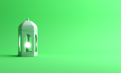 Arabic lantern on green pastel studio lighting background. Design creative concept of islamic celebration day ramadan kareem or eid al fitr adha. 3D rendering illustration.