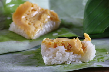 Sticky rice with steamed custard in thai food