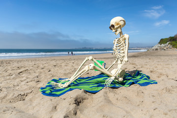 Skeleton sits on a beach towel relaxing in the sand