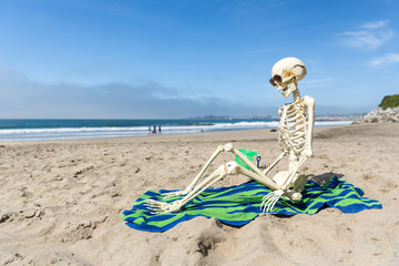 Skeleton sits on a beach towel relaxing in the sand