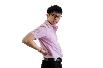 Fototapeta premium Asian young businessman has standing with backache on isolated on wihte background.