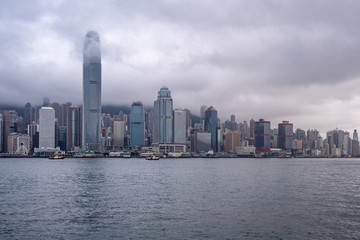 Fototapeta na wymiar Beautiful panorama view of hong kong city and river on overcast and clouds sky background