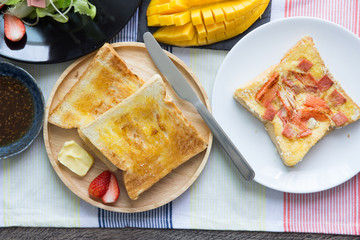 Breakfast, toast and vegetable salad with fruit