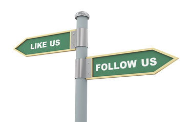 3d Follow us like us sign post