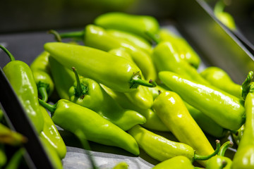 Fresh green chilli in the tray 