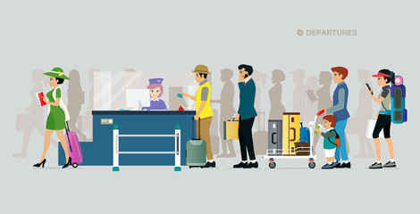 Tourists are queuing to buy plane tickets with a gray backdrop.