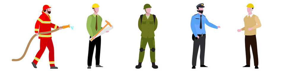 Flat Character of Fireman, security guard, architect, mechanic Set