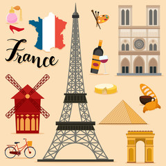 Fototapeta na wymiar Tourist France Travel set collection