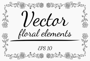 Wreath of roses flowers branch on a gray background. Hand drawn vector illustration. Vector floral elements.