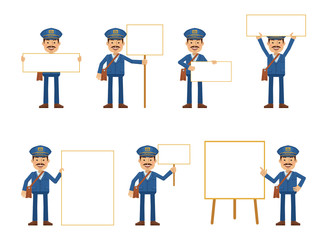 Set of postman characters posing with different blank banners. Cheerful mailman with paper, poster, placard, pointing to whiteboard, teach, advertise, promote. Flat style vector illustration