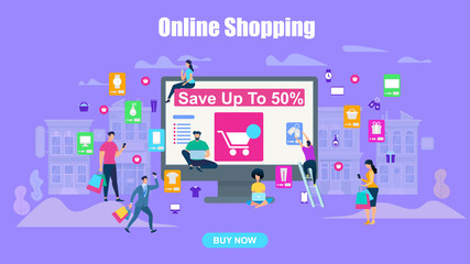 Big Sale Horizontal Banner, Online Shopping People